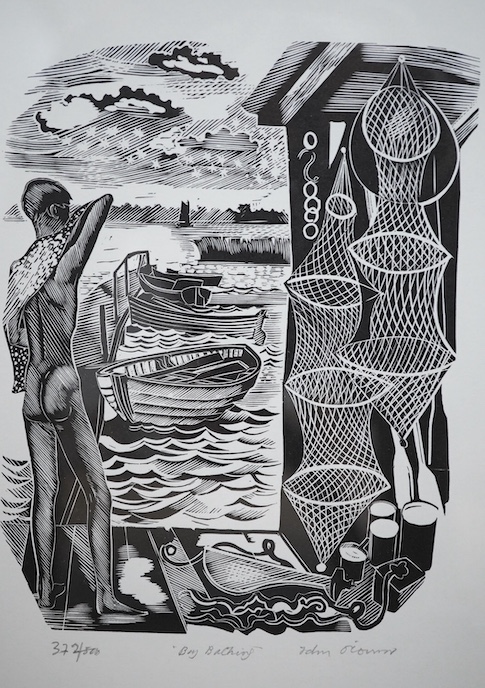 John Scorror O’Connor (1913-2004), pair of woodcuts, comprising, ‘Cockle boats’, limited edition 409/500 and ‘Boy bathing’, limited edition 372/500, each signed in pencil, each with booklets, 29 x 19cm. Condition - good